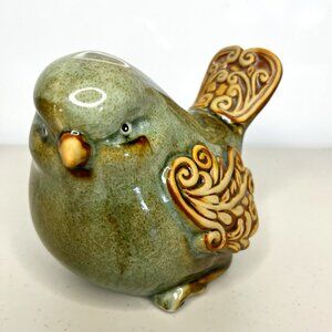 Green Glaze Pottery Bird 5" Scroll Winds Tail Darker Farmhouse Country Garden